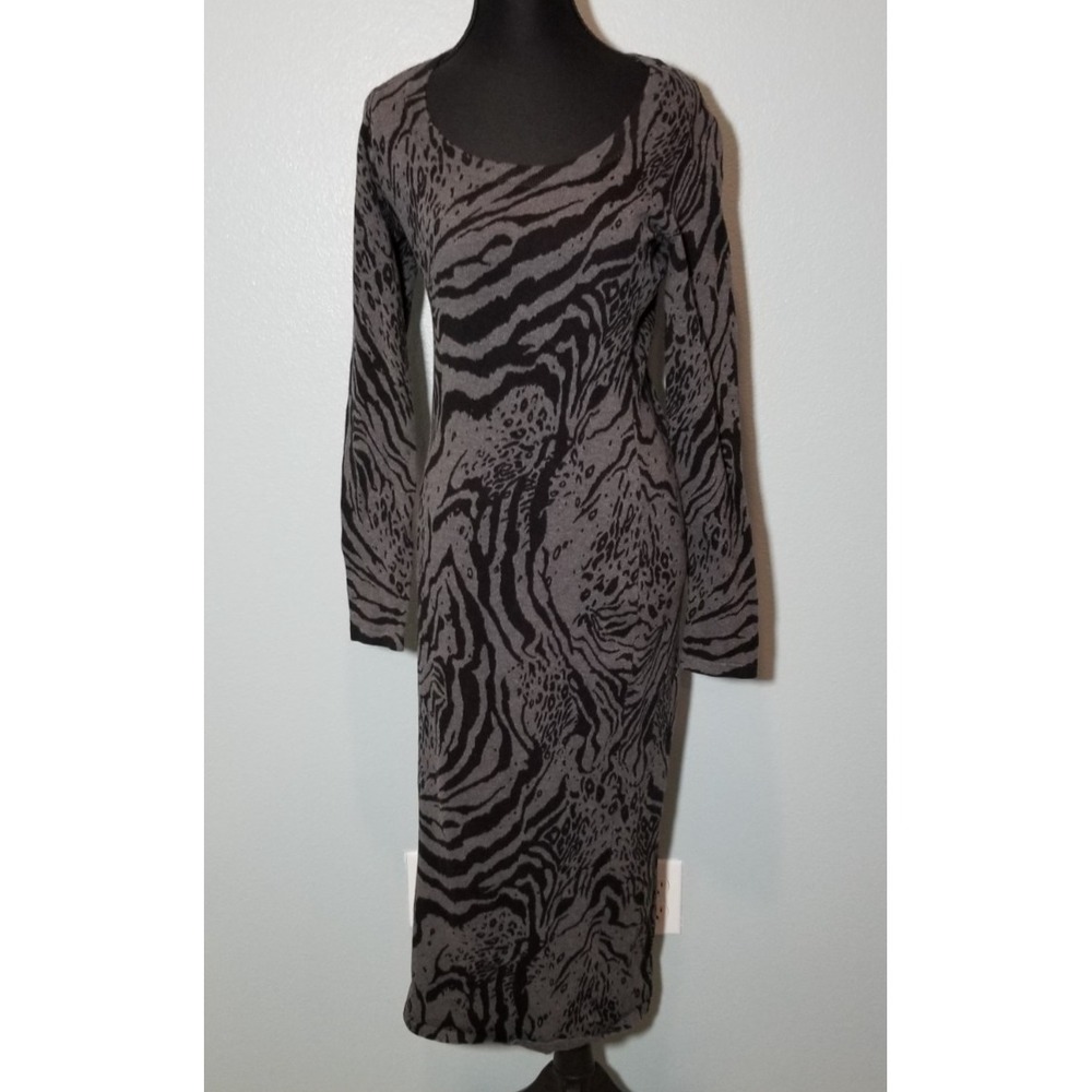 Moda International Womens M Gray Black Tiger Print Maxi Sweater Dress Retro City
